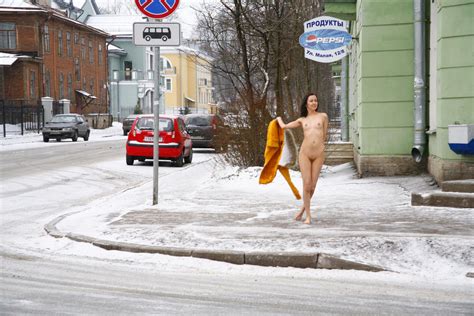 russian brunette exhibitionist walks naked at public street at winter russian sexy girls