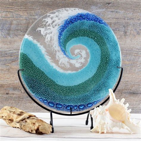 Fused Glass Art Panel Round Crashing Ocean Waves Rolling Etsy Beach