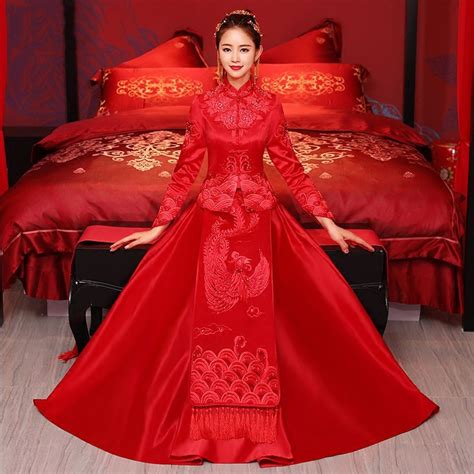 red traditional wedding gown new chinese embroidery bride cheongsam