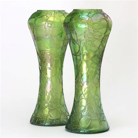 Pair Of Kralik Iridescent Crackle Glass Vases C 1900 Glass Vase