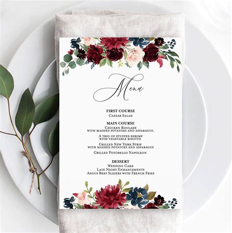 wedding menu template wedding menu card printable diy menu floral