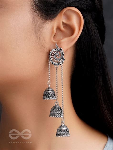 The Dusky Trinity Oxidised Jhumka Earrings