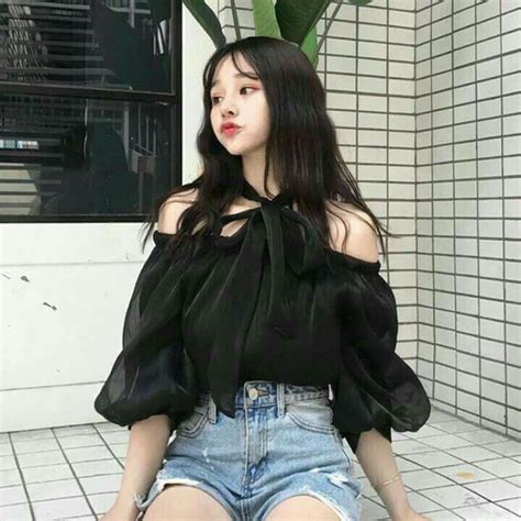 Black Off The Shoulder Top Denim Shorts Korean K Fashion