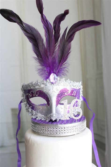 masquerade mask rhinestone sweet 16 cake topper purple and silver