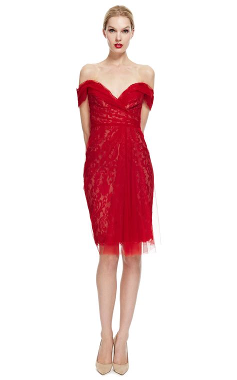 lyst marchesa off the shoulder lace cocktail dress in red