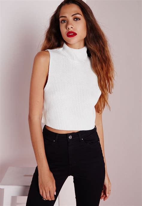 Missguided High Neck Crop Knitted Rib Vest White Knitwear Women