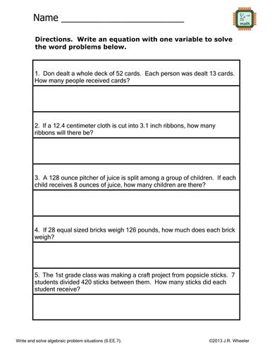 solve word problems  variable worksheet ee teaching resources