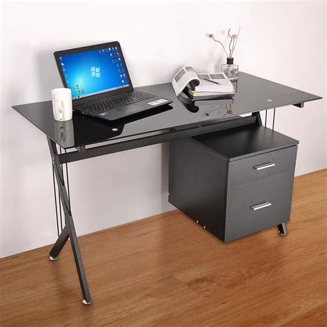 black glass top computer desk workstation   drawers