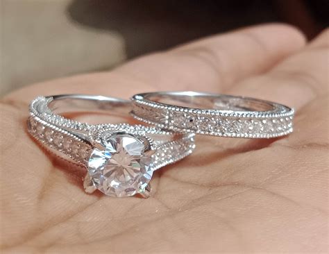 wedding ring set  solid white gold   simulated etsy