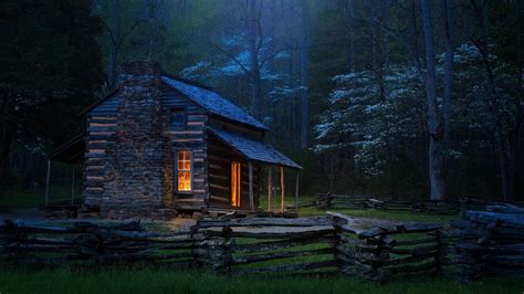 log cabin   forest  night image abyss