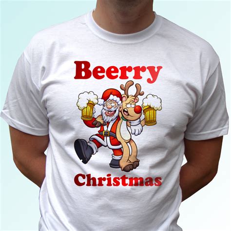 Beerry Christmas White T Shirt Funny Santa Tee Joke Party Top Xmas Art