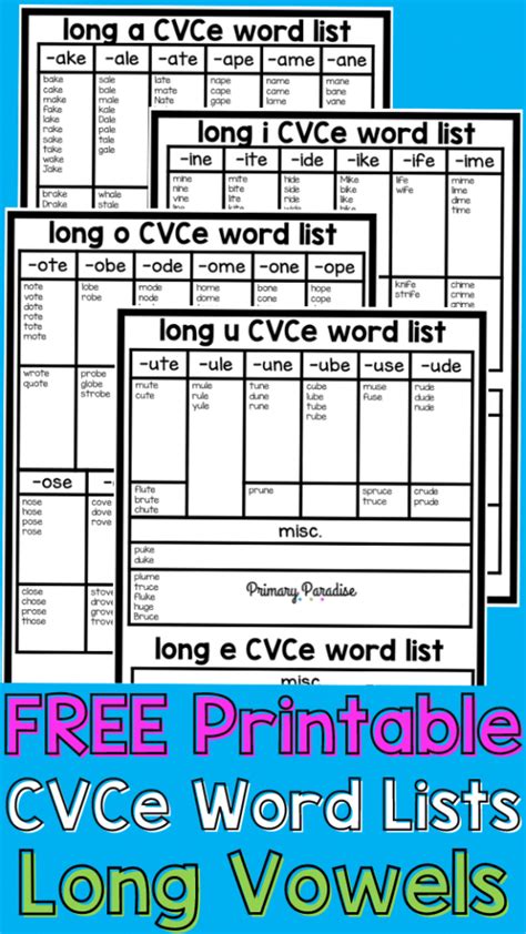 cvce long vowel word family  printable word lists
