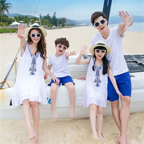 summer flowers embroidery beach white dresses clothes set girls boys family matching outfits mom