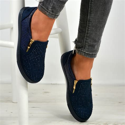 womens ladies slip  studded flat trainers zip shoes size uk   ebay