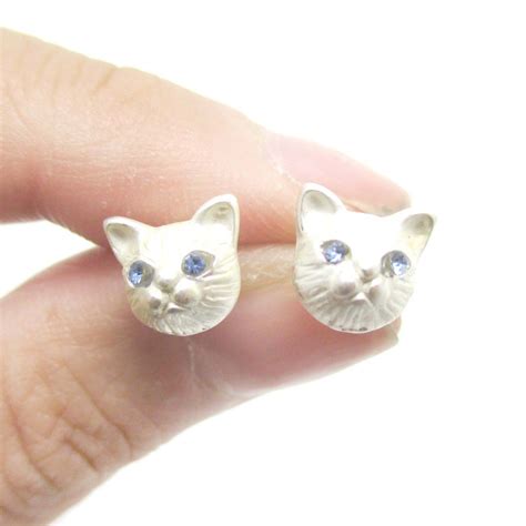 kitty cat animal head shaped stud earrings  silver  rhinestone