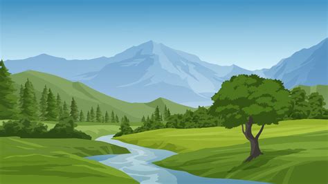 beautiful mountain landscape  river  forest  vector art