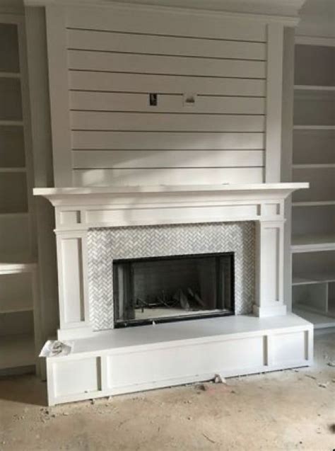 white herringbone shiplap fireplace remodel living room remodel