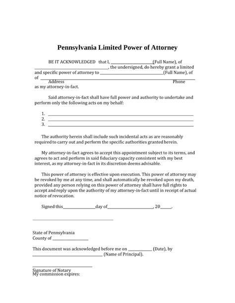 pennsylvania limited power  attorney form  power