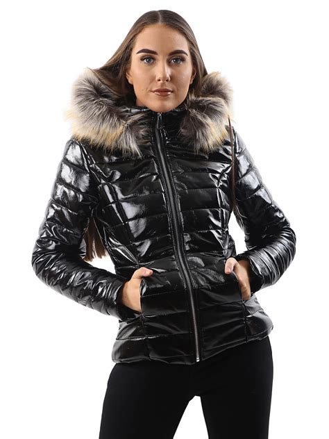 womens jacket ladies quilted wet  shiny padded puffer faux fur hooded coat ebay