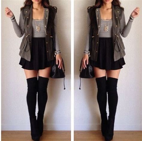 a skirt and striped shirt with black thigh highs classic combo love the vest fall and winter