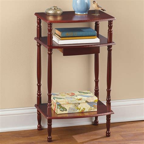 wooden accent table   shelves  drawer collections