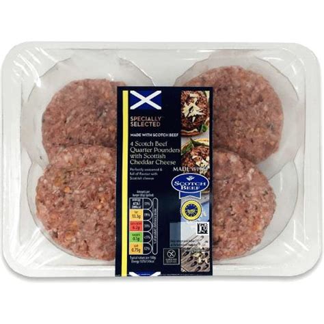 specially selected scotch quarter pounder beef burgers  scottish cheddar cheese