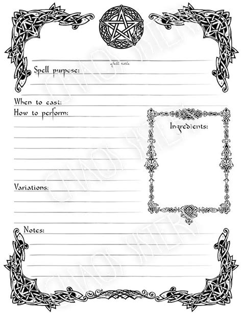 printable spell template book  shadows page digital  spell