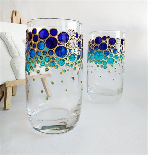 Blue Drinking Glasses Set For Couple Painted Glass Tumblers Etsy