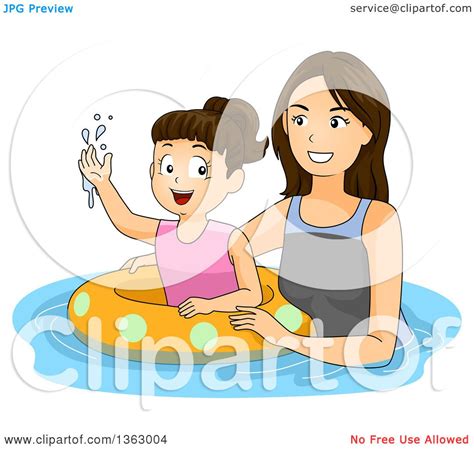 clipart of a happy brunette caucasian mother teaching her daughter how to swim with an inner
