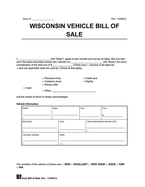 wisconsin motor vehicle bill  sale form  word