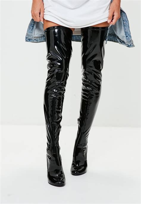 Black Vinyl Thigh High Boots Missguided Boots Heeled Boots Thigh