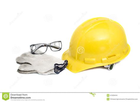 safety helmet glasses and gloves on white with clipping path stock