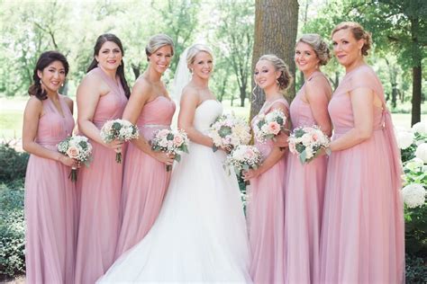 These Six Bridesmaids Wore Different Styles Of Floor Length Pink