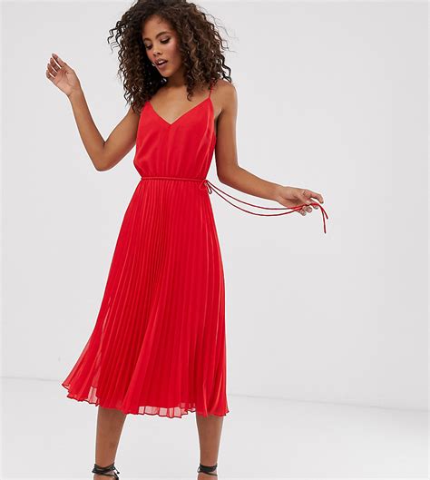asos design tall geplooide cami mini jurk met trekkoord  de taille rood tall fashion