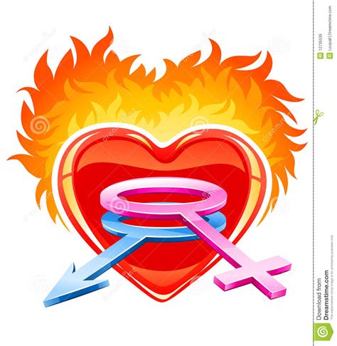 burning heart with male and female symbols stock