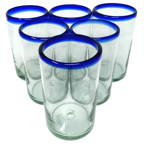 dos sueños hand blown mexican drinking glasses 6 glasses with cobalt