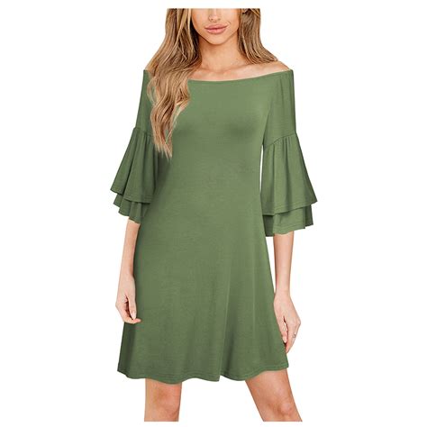 mnycxen womens dresses womens fashion  shoulder long flare sleeve solid color casual mini