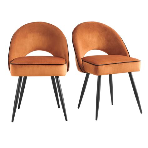 oakley set of 2 orange velvet upholstered dining chairs with contrast