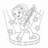 Girl Coloring Guitar Stage Outline Playing Cartoon Kids Preview sketch template