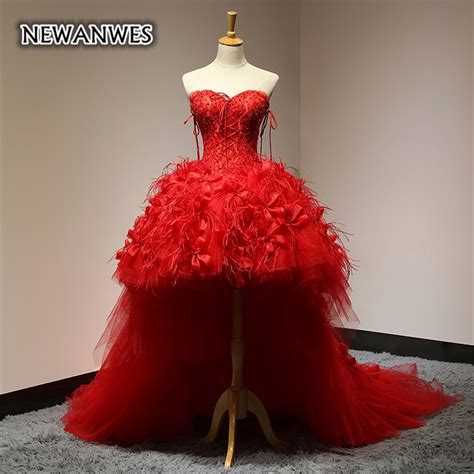 newanwes luxury princess high low prom dress feather red
