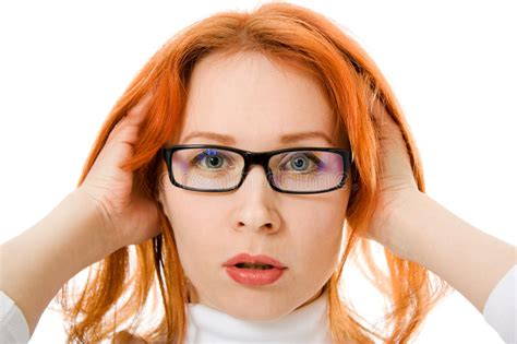 beautiful girl with red hair wearing glasses stock image