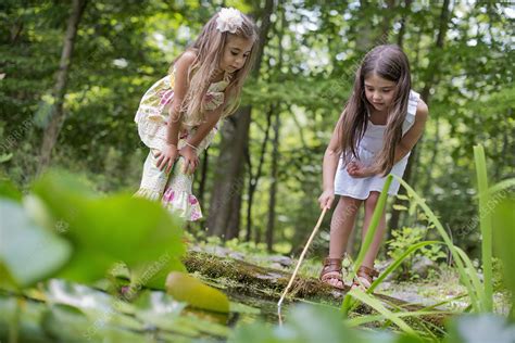 Two Girls Playing At A Pond In A Forest Stock Image F010 8179