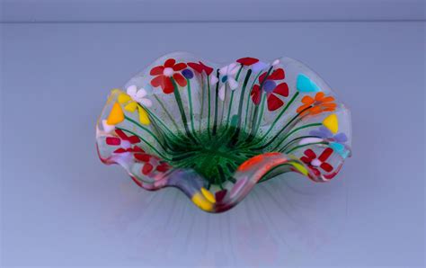 Colourful Wild Flower Fused Glass Fluted Dish Floral Bowl Etsy Uk