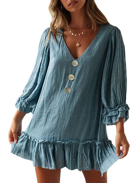 Himone Women Cotton Linen Short Mini Dress Long Sleeve Button Down V