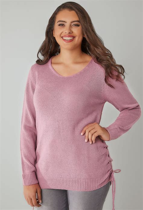 pull tricoté rose avec col en v et lacets sur les côtés grandes tailles 16 à 36