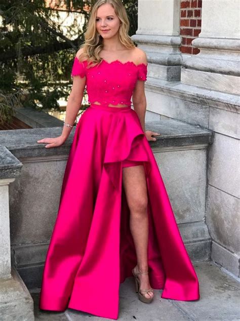 Two Piece Hot Pink Long Prom Dress Off The Shoulder Hot Pink Long Prom