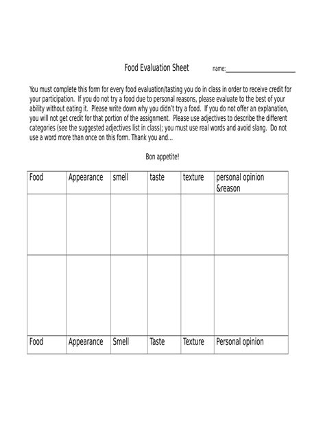 food evaluation forms   ms word