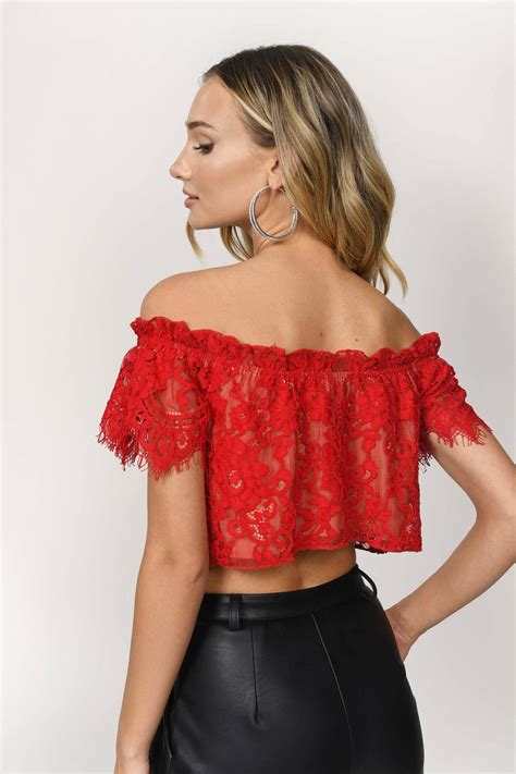 tobi crop tops womens riley red lace off shoulder crop top red ⋆