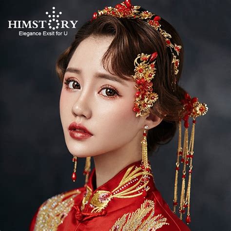 Himstory Traditional Chinese Wedding Hair Accessories Vintage Gold Red