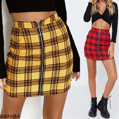 new style women s plaid high waist checker zipper a line mini skirt